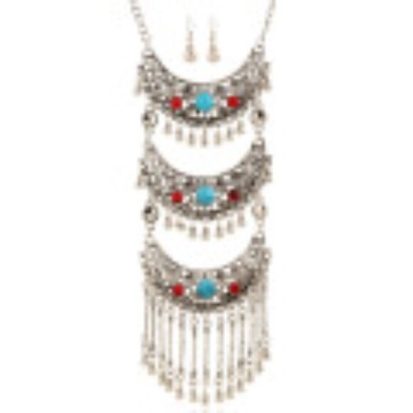 #020 Hollow Gemstone Necklace Vintage Tassel Chain with Earrings - Picture 3 of 4